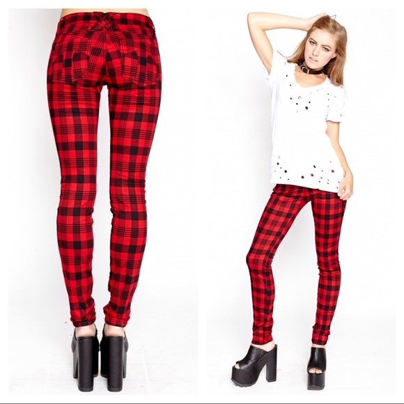 Tripp nyc Denim - Tripp NYC Red and Black Plaid Punk Skinny Jeans